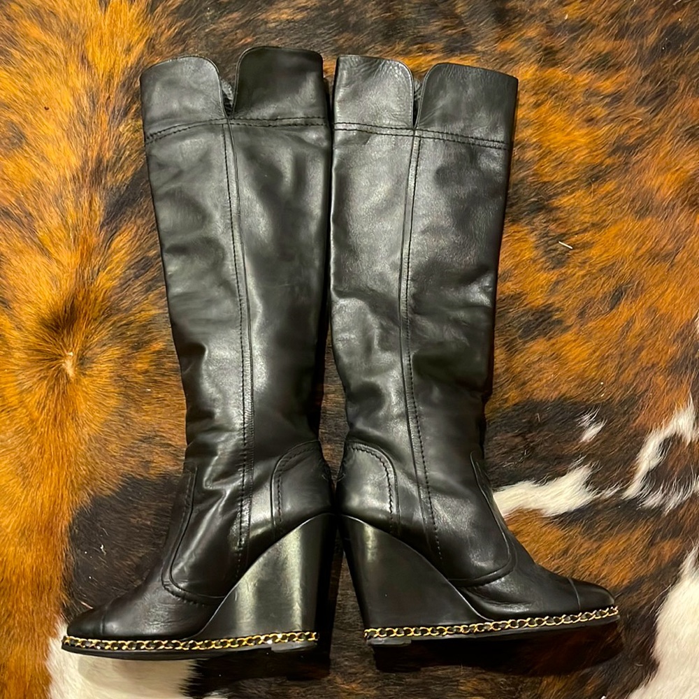 Chanel Chain Black Leather Wedge Platform Boots 100% authentic